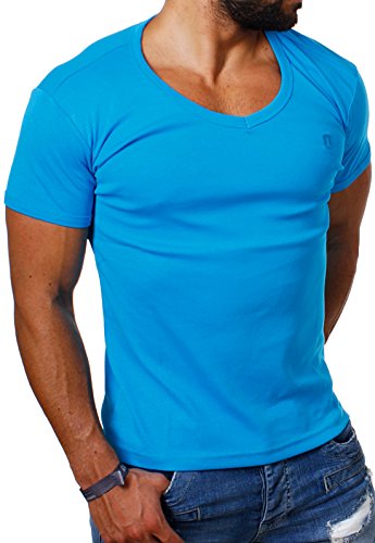 Young & Rich Herren Uni feinripp Basic T-Shirt tiefer runder V-Ausschnitt Slimfit deep Round V-Neck einfarbig 1874, Grösse:XXL;Farbe:Türkis von Young & Rich