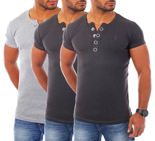 Young & Rich Herren Uni feinripp T-Shirt mit Knopfleiste Big Buttons große Knöpfe 1872, Grösse:XL, Farbe:2X Dunkelgrau / 1x Grau (3er Pack) von Young & Rich