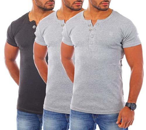 Young & Rich Herren Uni feinripp T-Shirt mit Knopfleiste Big Buttons große Knöpfe 1872, Grösse:XXL, Farbe:2X Grau / 1x Dunkelgrau (3er Pack) von Young & Rich