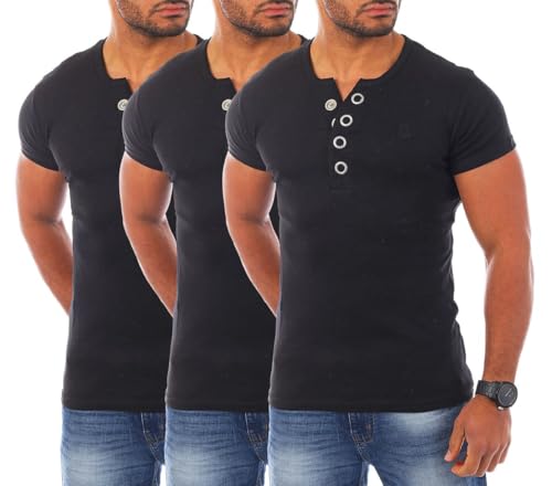 Young & Rich Herren Uni feinripp T-Shirt mit Knopfleiste Big Buttons große Knöpfe 1872, Grösse:M, Farbe:Schwarz (3er Pack) von Young & Rich