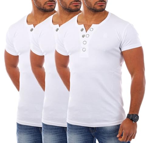 Young & Rich Herren Uni feinripp T-Shirt mit Knopfleiste Big Buttons große Knöpfe 1872, Grösse:S, Farbe:Weiß (3er Pack) von Young & Rich