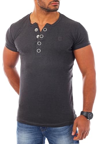 Young & Rich Herren Uni feinripp T-Shirt mit Knopfleiste & tiefem Ausschnitt deep V-Neck einfarbig Big Buttons große Knöpfe 1872, Grösse:3XL;Farbe:Dunkelgrau von Young&Rich