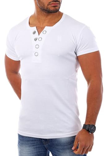 Young & Rich Herren Uni feinripp T-Shirt mit Knopfleiste & tiefem Ausschnitt deep V-Neck einfarbig Big Buttons große Knöpfe 1872, Grösse:L;Farbe:Weiß von Young&Rich