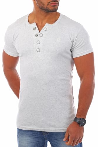 Young & Rich Herren Uni feinripp T-Shirt mit Knopfleiste & tiefem Ausschnitt deep V-Neck einfarbig Big Buttons große Knöpfe 1872, Grösse:M;Farbe:Hellgrau von Young&Rich