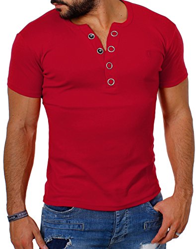 Young & Rich Herren Uni feinripp T-Shirt mit Knopfleiste & tiefem Ausschnitt deep V-Neck einfarbig Big Buttons große Knöpfe 1872, Grösse:L;Farbe:Rot von Young&Rich