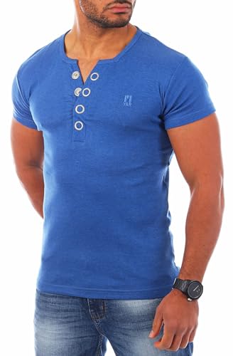 Young & Rich Herren Uni feinripp T-Shirt mit Knopfleiste & tiefem Ausschnitt deep V-Neck einfarbig Big Buttons große Knöpfe 1872, Grösse:3XL;Farbe:Blau-Melange von Young&Rich