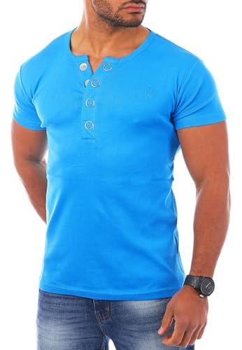 Young & Rich Herren Uni feinripp T-Shirt mit Knopfleiste & tiefem Ausschnitt deep V-Neck einfarbig Big Buttons große Knöpfe 1872, Grösse:3XL;Farbe:Türkis von Young&Rich