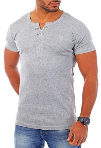 Young & Rich Herren Uni feinripp T-Shirt mit Knopfleiste & tiefem Ausschnitt deep V-Neck einfarbig Big Buttons große Knöpfe 1872, Grösse:L;Farbe:Grau von Young&Rich