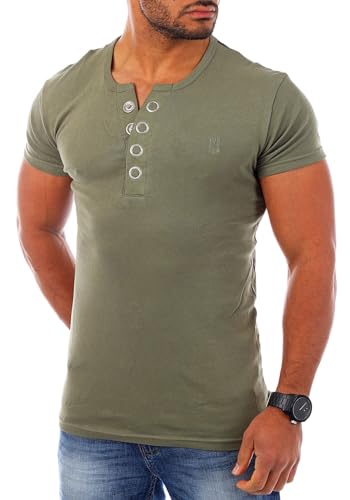 Young & Rich Herren Uni feinripp T-Shirt mit Knopfleiste & tiefem Ausschnitt deep V-Neck einfarbig Big Buttons große Knöpfe 1872, Grösse:L;Farbe:Militär-Grün von Young&Rich