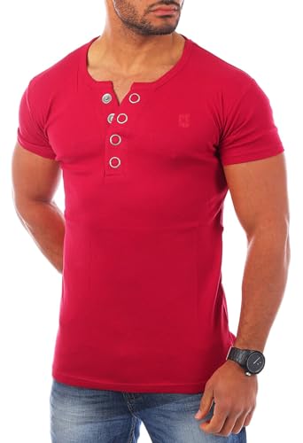 Young & Rich Herren Uni feinripp T-Shirt mit Knopfleiste & tiefem Ausschnitt deep V-Neck einfarbig Big Buttons große Knöpfe 1872, Grösse:S;Farbe:Rot von Young&Rich
