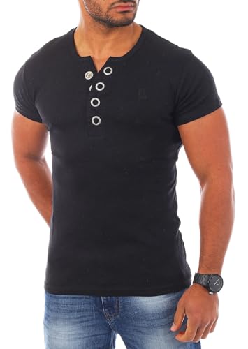 Young & Rich Herren Uni feinripp T-Shirt mit Knopfleiste Big Buttons große Knöpfe 1872, Grösse:S, Farbe:Schwarz von Young & Rich