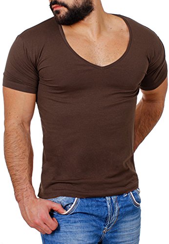 Young&Rich Rerock Herren Uni T-Shirt mit extra tiefem V-Ausschnitt Slimfit deep V-Neck Stretch dehnbar einfarbiges Basic Shirt, Grösse:XXL, Farbe:Braun von Young & Rich