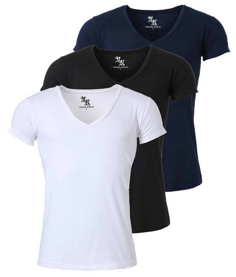 Young & Rich T-Shirt Herren Uni Basic 1315 extra tiefer Ausschnitt 3er Pack (3er-Pack, 3-tlg., 3er-Pack) V-Ausschnitt unifarben kurzarm slim fit von Young & Rich