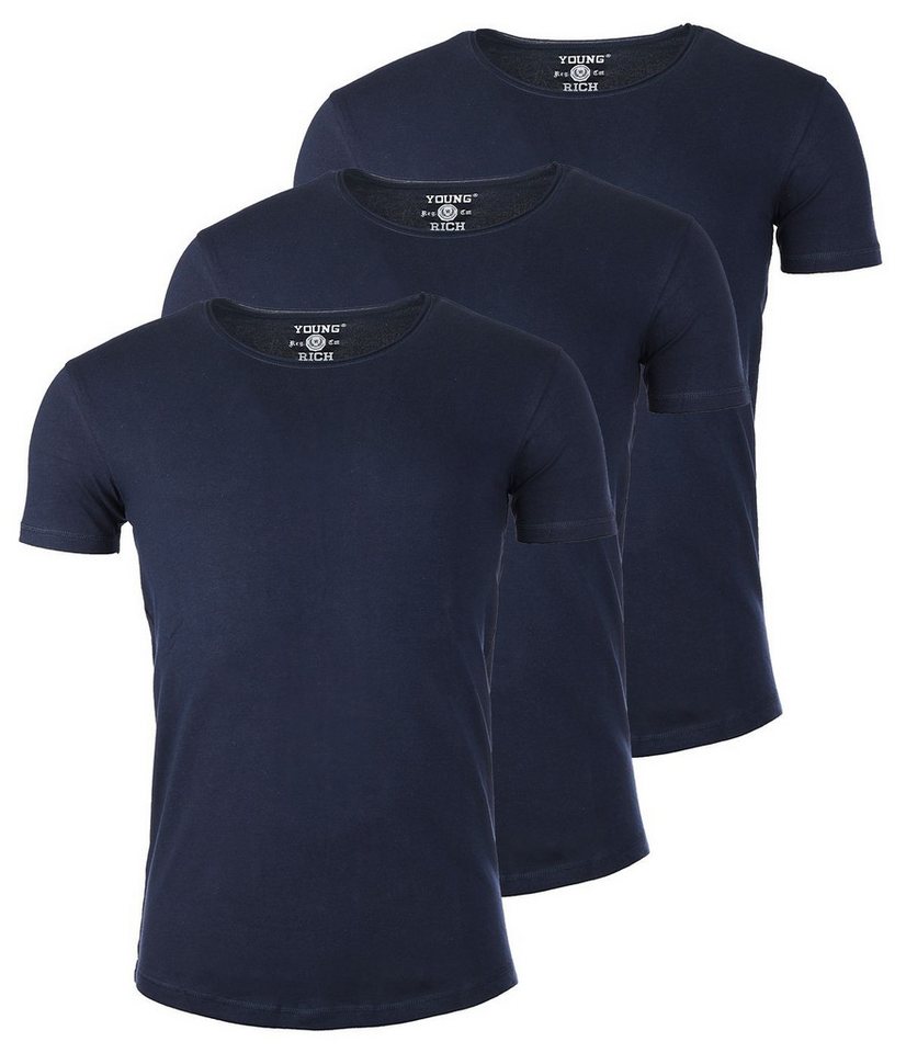 Young & Rich T-Shirt Herren Uni Basic 1702 tief-breit geschnittener Ausschnitt vintage Look (3er-Pack, 3-tlg., 3er-Pack) Rundhalsauschnitt unifarben kurzarm slim fit von Young & Rich