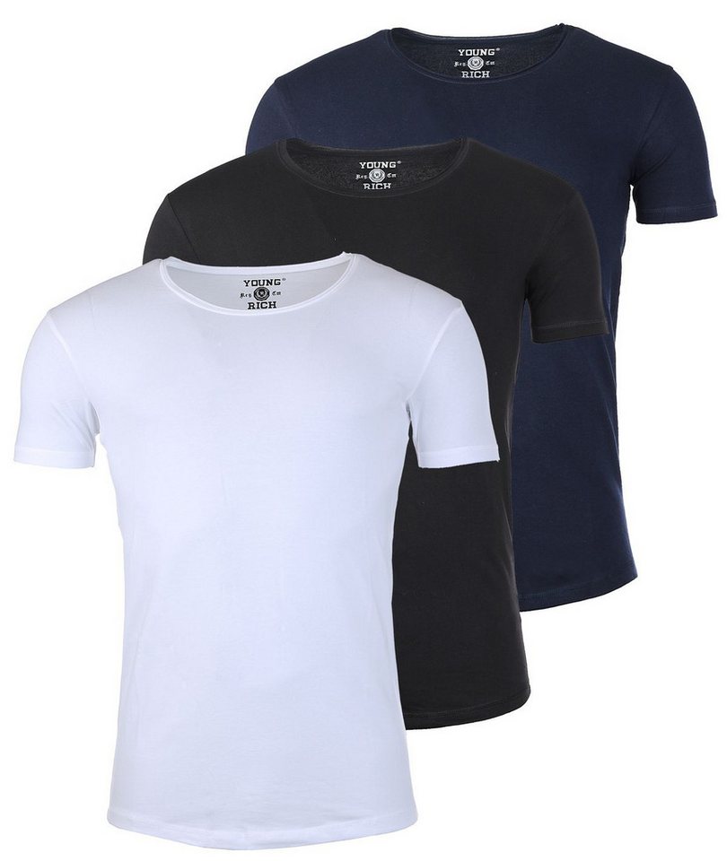 Young & Rich T-Shirt Herren Uni Basic 1702 tief-breit geschnittener Ausschnitt vintage Look (3er-Pack, 3-tlg., 3er-Pack) Rundhalsauschnitt unifarben kurzarm slim fit von Young & Rich