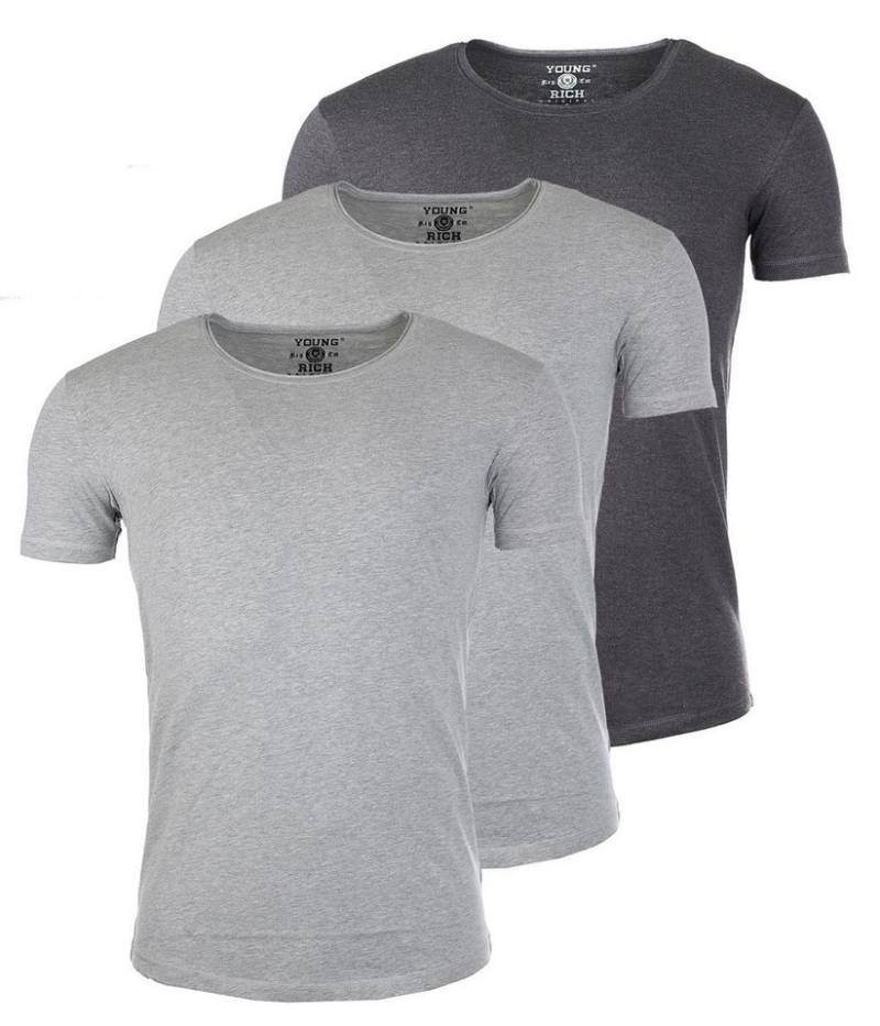 Young & Rich T-Shirt Herren Uni Basic 1702 tief-breit geschnittener Ausschnitt vintage Look (3er-Pack, 3-tlg., 3er-Pack) Rundhalsauschnitt unifarben kurzarm slim fit von Young & Rich