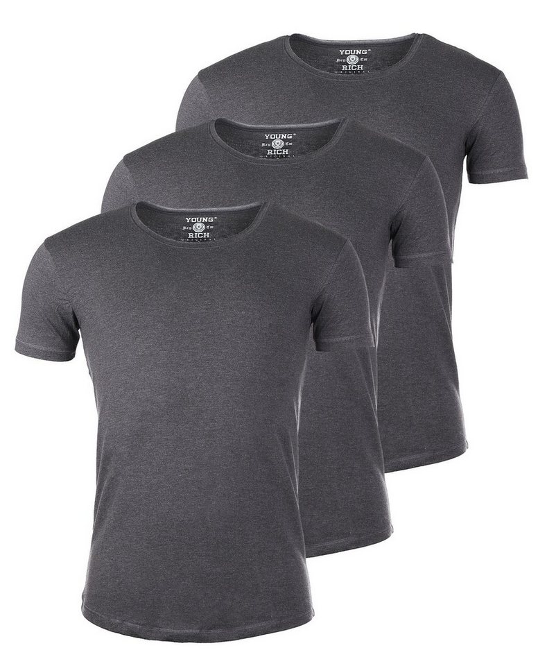 Young & Rich T-Shirt Herren Uni Basic 1702 tief-breit geschnittener Ausschnitt vintage Look (3er-Pack, 3-tlg., 3er-Pack) Rundhalsauschnitt unifarben kurzarm slim fit von Young & Rich