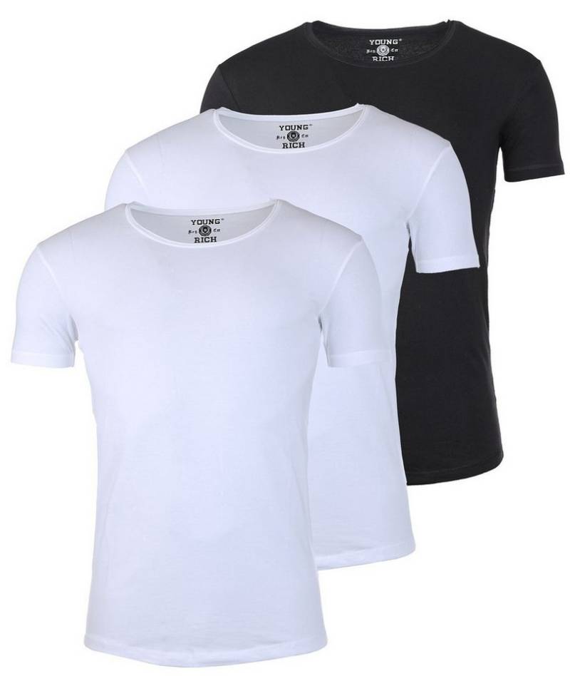 Young & Rich T-Shirt Herren Uni Basic 1702 tief-breit geschnittener Ausschnitt vintage Look (3er-Pack, 3-tlg., 3er-Pack) Rundhalsauschnitt unifarben kurzarm slim fit von Young & Rich