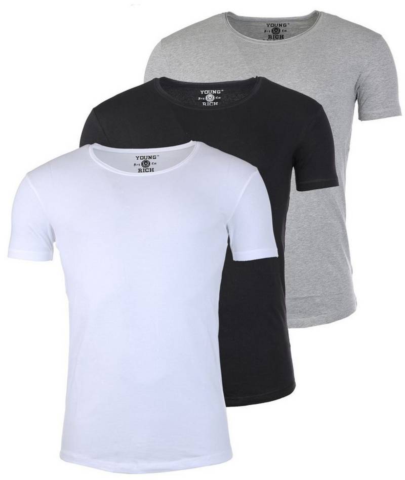 Young & Rich T-Shirt Herren Uni Basic 1702 tief-breit geschnittener Ausschnitt vintage Look (3er-Pack, 3-tlg., 3er-Pack) Rundhalsauschnitt unifarben kurzarm slim fit von Young & Rich