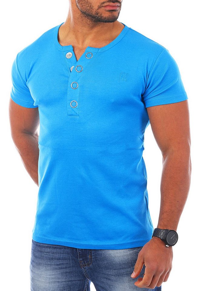 Young & Rich T-Shirt Herren basic fein gerippt mit trendigen extra großen Knöpfen 1872 mit Knopfleiste unifarben kurzarm slim fit von Young & Rich