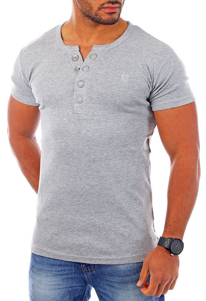 Young & Rich T-Shirt Herren basic fein gerippt mit trendigen extra großen Knöpfen 1872 mit Knopfleiste unifarben kurzarm slim fit von Young & Rich