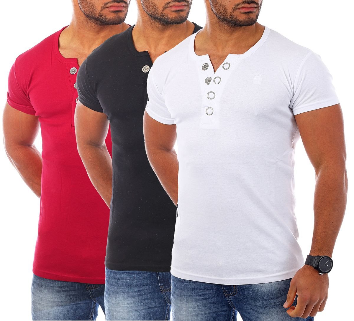 Young & Rich T-Shirt Herren basic fein gerippt mit trendigen extra großen Knöpfen 1872 mit Knopfleiste unifarben kurzarm slim fit von Young & Rich