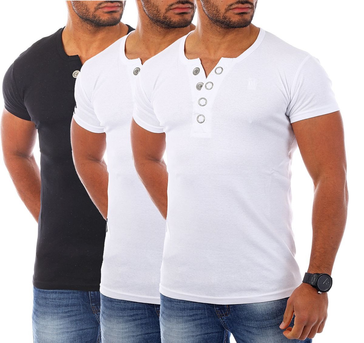 Young & Rich T-Shirt Herren basic fein gerippt mit trendigen extra großen Knöpfen 1872 mit Knopfleiste unifarben kurzarm slim fit von Young & Rich