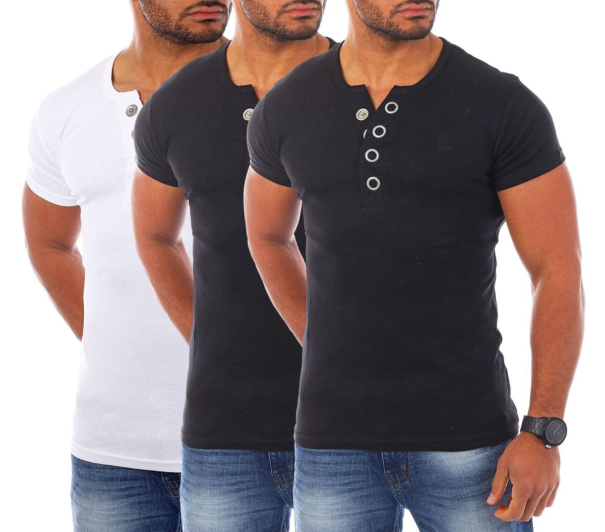 Young & Rich T-Shirt Herren basic fein gerippt mit trendigen extra großen Knöpfen 1872 mit Knopfleiste unifarben kurzarm slim fit von Young & Rich