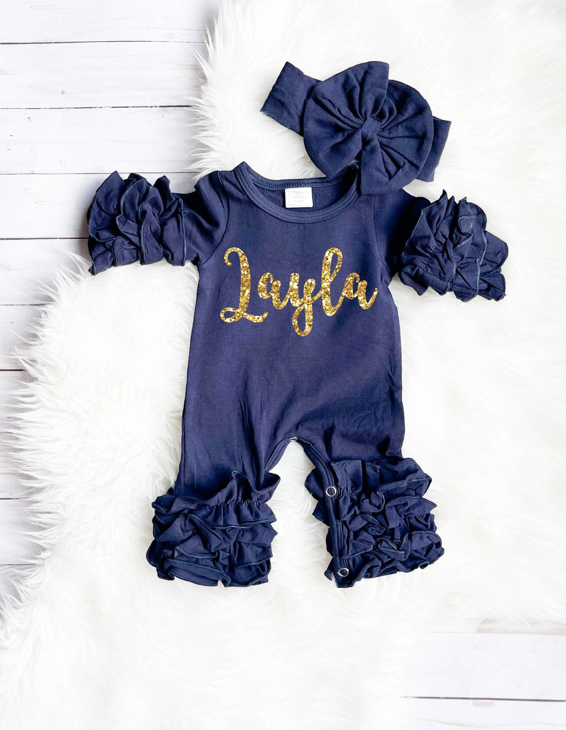 Personalisiertes Neugeborenes Mädchen Coming Home Outfit Kleid Baby Shower Geschenk Marine Blau Neugeborene Strampler Icing Rüschen von YoungLoveCreations