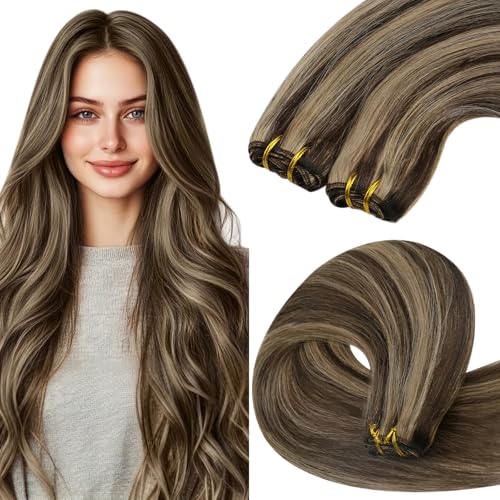 YoungSee 100g Echthaar Tressen Braun Blond 60 cm Tressen Echthaar Dunkelbraun Highlights Karamellblond Weft Extensions Echthaar Lang Haartressen Echthaar Doppelt Tressen fur Damen #P4/27 von YoungSee