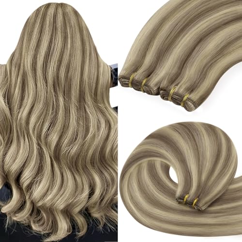 YoungSee 100g Tressen Echthaar Braun Blond Echthaar Tressen Highlights Haartressen Echthaar zum Einnahen 40cm Remy Haare-Echthaar Tressens Weft Haarextensions Blond fur Damen #P8A/60 von YoungSee