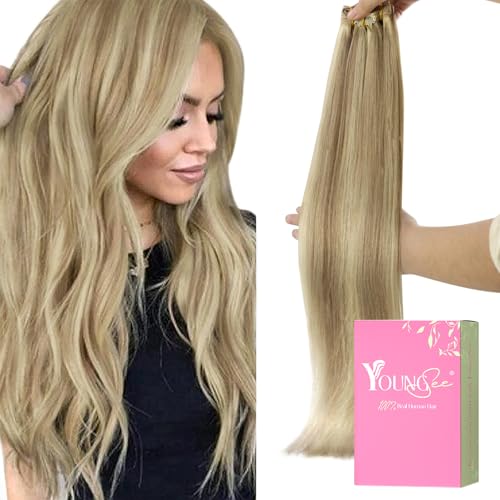 YoungSee Clip in Extensions Echthaar Blond Gesträhnt 40 cm 120g 7 Stück Extensions Echthaar Clip Goldblond Strahnchen Mittelblond Clips-in Haarverlängerungen fur Damen #16/22 von YoungSee
