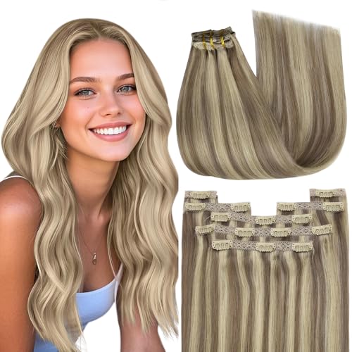 YoungSee Echthaar Extensions Clip Hellbraun 35cm 120g 7 Stück Clip in Extensions Echthaar Hellbraun mit Platinblond Echthaar Clips-in Invisible Clips Haarverlangerung Echthaar fur Damen #P8A/60 von YoungSee