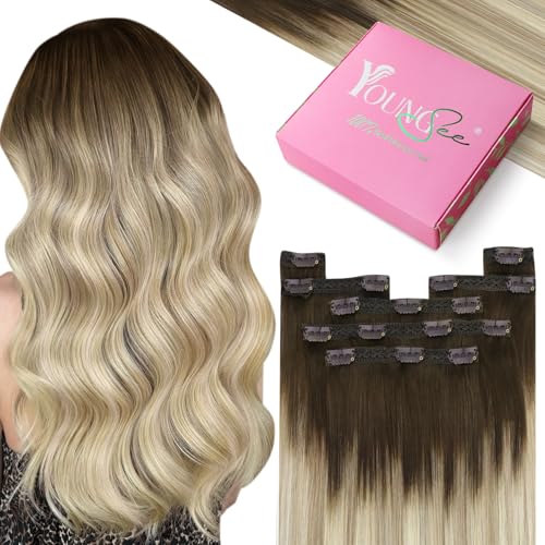 YoungSee 135g Clip in Extensions Balayage Clip in Extensions Echthaar Dunkelbraun Balayage Blond Clip in Haarverlangerung Echthaar 45cm Clip Extensions Echthaaar Balayage fur Damen #4/14/60 von YoungSee