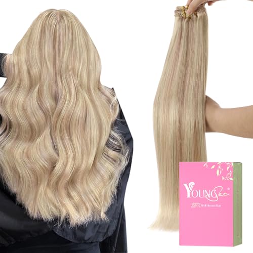 YoungSee 135g Clip in Extensions Echthaar Blond 45cm Echthaar Extensions Clip Aschblond Strahnchen Extensions Echthaar Clip Remy Hair Extensions Clip in Echthaar Clip in Dickes fur Damen #18/613 von YoungSee