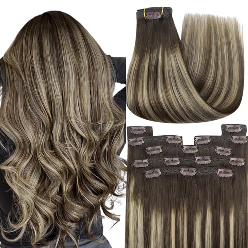 YoungSee Echthaar Extensions Clip Ombre Clip in Extensions Echthaar Dunkelbraun Ombre Aschblond Clip Haarverlangerung Echthaar 80g Invisible Clip Extensions Echthaar 30 cm fur Damen #4/18/4 von YoungSee