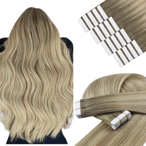 YoungSee Echthaar Extensions Tape Ombre 45cm Tape in Extensions Echthaar Blond Ombre Platinblond Invisible Tape Extensions Echthaar Remy Hair Extensions Tape in Echthaar fur Damen 50g #SUN von YoungSee