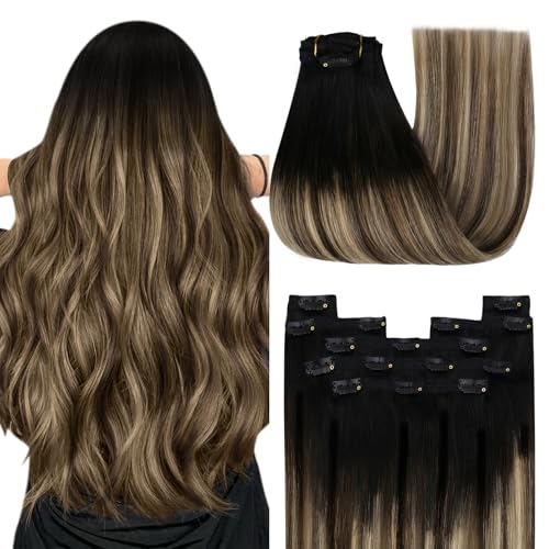 YoungSee Clip in Extensions Echthaar Balayage 35cm Echthaar Extensions Clip Schwarz Ombre Braun Blond Echthaar Clip in Extensions Haarverlangerung Clip Echthaar Balayage fur Damen 120g #1B/4/27 von YoungSee