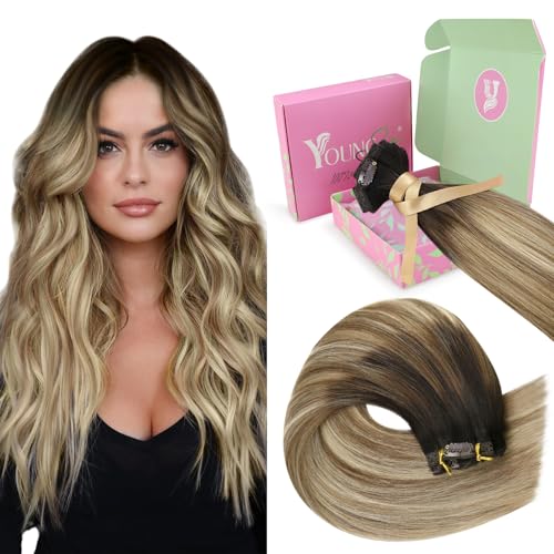 YoungSee Clip in Extensions Echthaar Balayage 55cm Echthaar Extensions Clip Braun Balayage Blond Clip in Extensions Lang Extensions Echthaar Clip Balayage fur Damen Clip in Haare 120g #2/6/24 von YoungSee