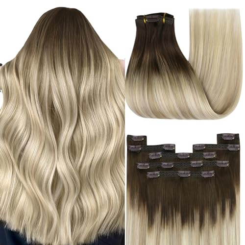 YoungSee Clip in Extensions Echthaar Balayage Blond 45 cm Echthaar Extensions Clip Dunkelbraun Balayage Blond Clip in Extensions Balayage Clip in Hair Extensions Echthaar fur Damen 120g #4/14/60 von YoungSee