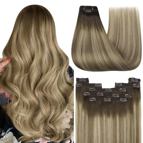 YoungSee Clip in Extensions Echthaar Balayage Echthaar Extensions Clip Braun Balayage Blond 35cm Extensions Echthaar Clip Braun Hair Extensions Clip in fur Damen Clip in Haare Glatt 120g #3/8/22 von YoungSee