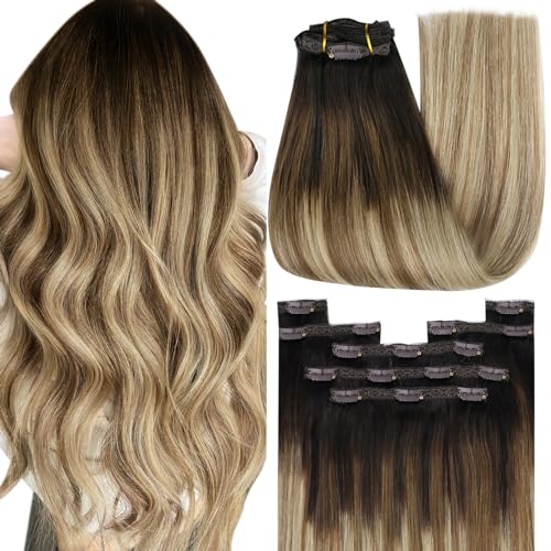 YoungSee Clip in Extensions Echthaar Braun Ombre Echthaar Extensions Clips 50 cm Hair Extensions Clip in Braun Balayage Blond Remy Haare fur frauen 7 stuck 150g #2/6/24 von YoungSee