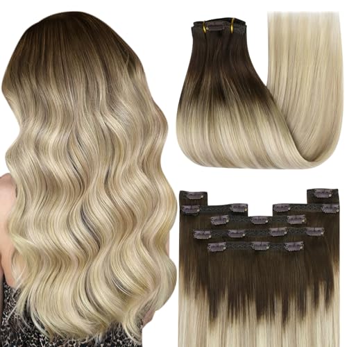 YoungSee Clip in Extensions Echthaar Dunkelbraun Balayage Blond Clip in Haarverlangerung Echthaar 55cm Clips Extensions Echthaaar Balayage fur Damen 150g #4/14/60 von YoungSee