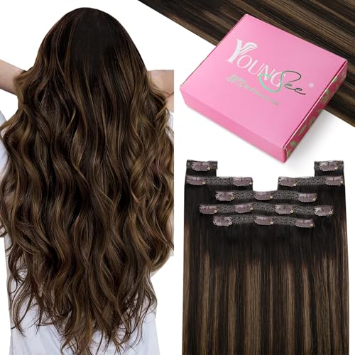 YoungSee Clip in Extensions Echthaar Ombre 40 cm 120g 7 Stück Echthaar Extensions Clip Braun Ombre Mittelbraun Extensions Echthaar Clips Balayage Haarextension Clips Remy fur Damen #2/2/6 von YoungSee