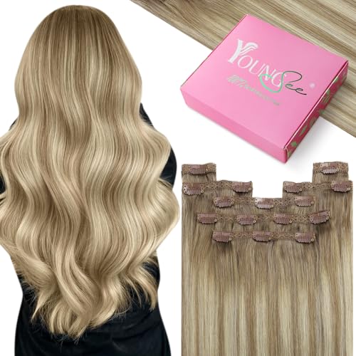 YoungSee Clip in Extensions Echthaar Ombre 45cm Echthaar Extensions Clips Hellbraun Ombre Platinblond Clip-in Extensions Remy Haarextension Braun Blond fur Damen 120g #8A/60/8A von YoungSee