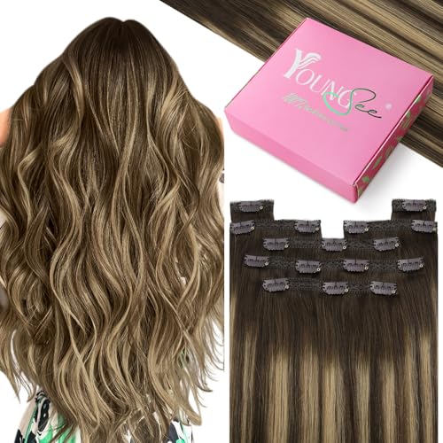 YoungSee Clip in Extensions Echthaar Ombre 55cm Clip in Extensions Echthaar Dunkelbraun Ombre Aschblond Clip Haarverlangerung Echthaar 120g Invisible Clip Extensions Echthaar fur Damen #4/27/4 von YoungSee