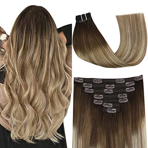 YoungSee Clips Extensions Echthaar Balayage Echthaar Clip-in Extensions Braun Blond Clip in Extensions Echthaar 55cm Lang Remy Haare fur Damen 120g #4/14/60 von YoungSee