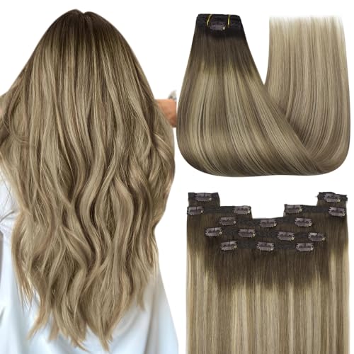 YoungSee Echthaar Clip in Extensions Balayage 30cm Braun Blond Kurz Remy Damen 80g #3/8/22 von YoungSee