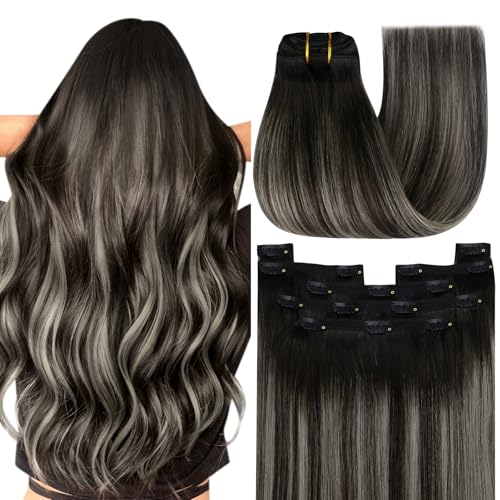 YoungSee Echthaar Extensions Clip Ombre Schwarz 7 Stück 30cm Clip in Extensions Echthaar Schwarz Balayage Silber Extensions Echthaar Clips Invisible fur Damen 80g #1B/S/1B YoungSee Echthaar Extensions Clip Ombre Schwarz 7 Stück 30cm Clip in Extensions Echthaar Schwarz Balayage Silber Extensions Echthaar Clips Invisible fur Damen 80g #1B/S/1B von YoungSee