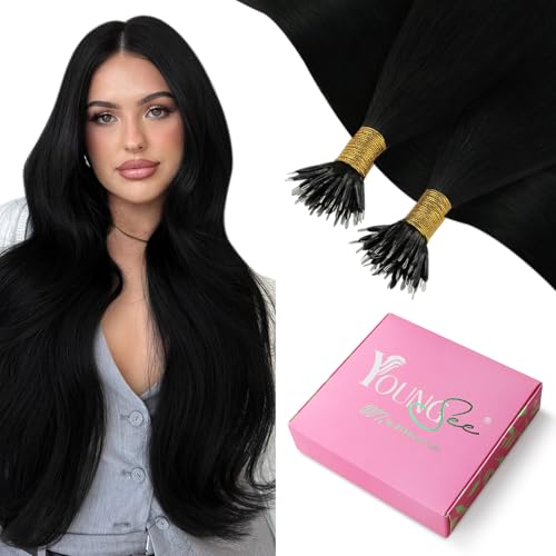 YoungSee Echthaar Extensions Nanoring Schwarz 45cm Nano Extensions Echthaar Schwarz Nanoring Extensions Echthaar 1g/s Cold Fusion Nanoring Extensions fur Damen Remy Nano Ringe Haare 50g #1 von YoungSee
